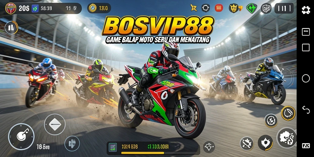 Screenshot dari gameplay balap motor yang mendebarkan.