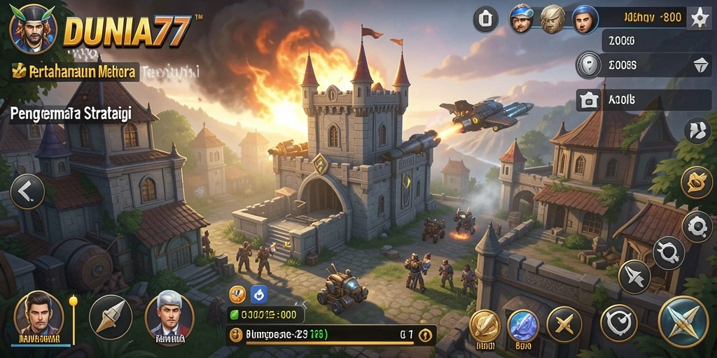 Tampilan dinamis gameplay DUNIA77 dalam aksi Tower Defense.