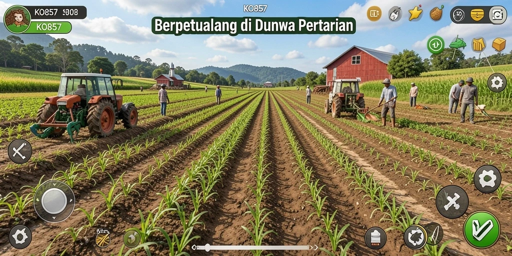 Screenshot gameplay KO857 yang menampilkan ladang pertanian yang hijau dan subur.