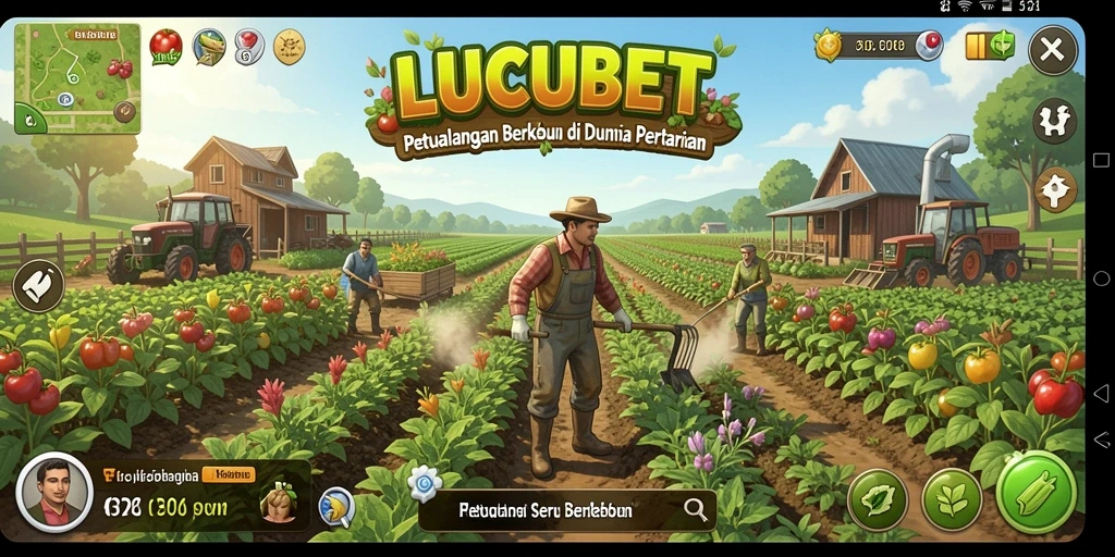 Tangkapan layar utama LUCUBET menunjukkan kebun yang subur dan aktivitas menanam.