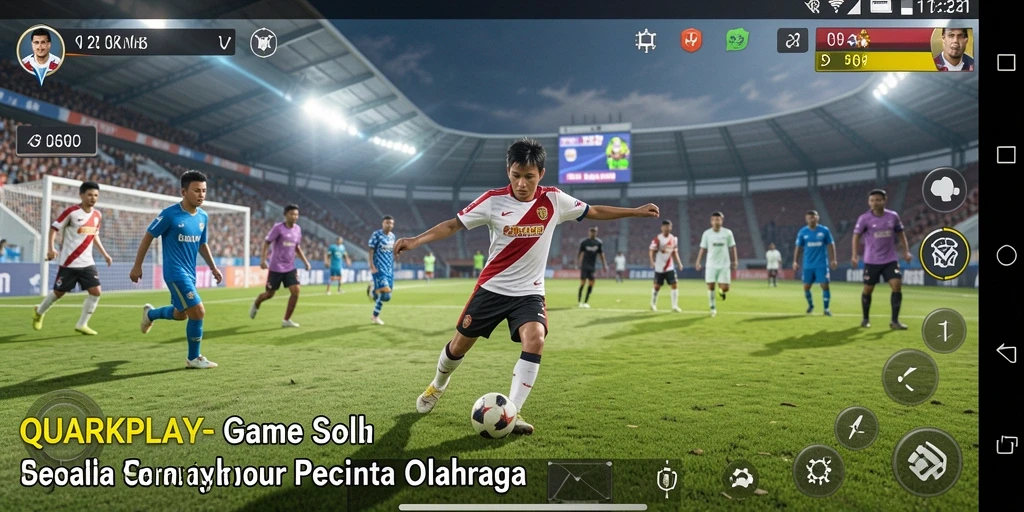 Tangkapan layar gameplay <strong>QUARKPLAY</strong> dengan para pemain di lapangan sepak bola.