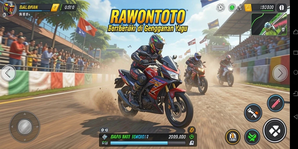 Gambaran gameplay seru di <strong>RAWONTOTO</strong> saat balapan motor.