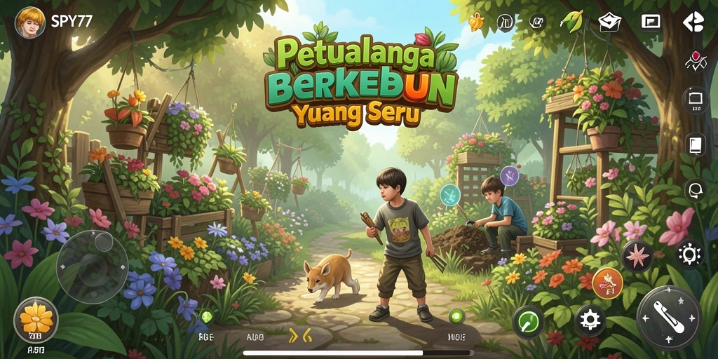 Tampilan menarik dari gameplay SPY77 saat berkebun dan merawat hewan.