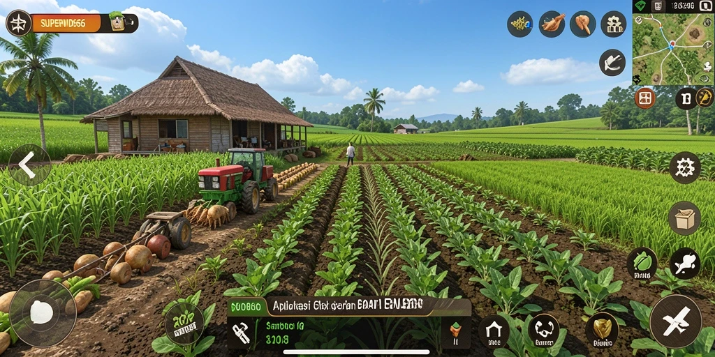 Tampilan gameplay SUPERWD666 yang menawan dan realistis di dunia pertanian.