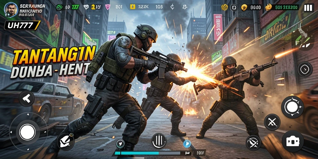 Tampilan gameplay UH77 dengan aksi seru dan karakter dinamis.